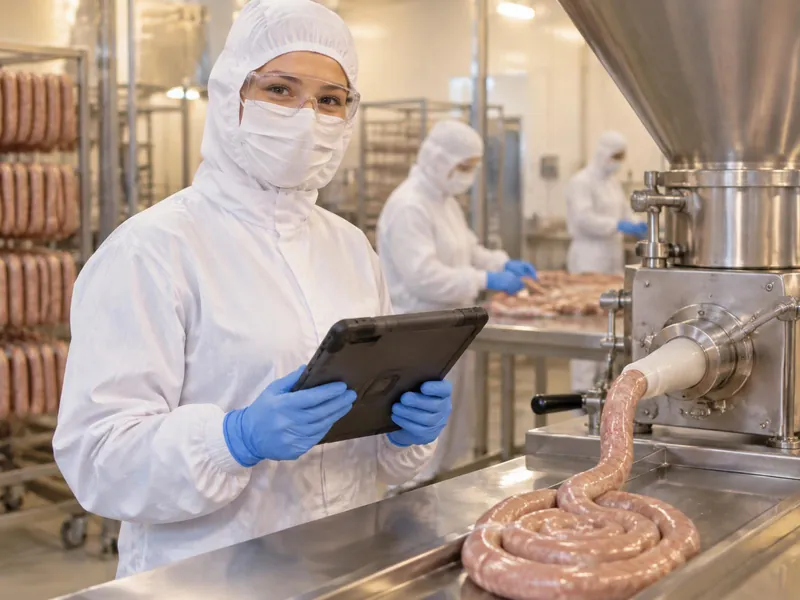 Operator in hooded coverall, mask, glasses and gloves holding a tablet beside a sausage filler