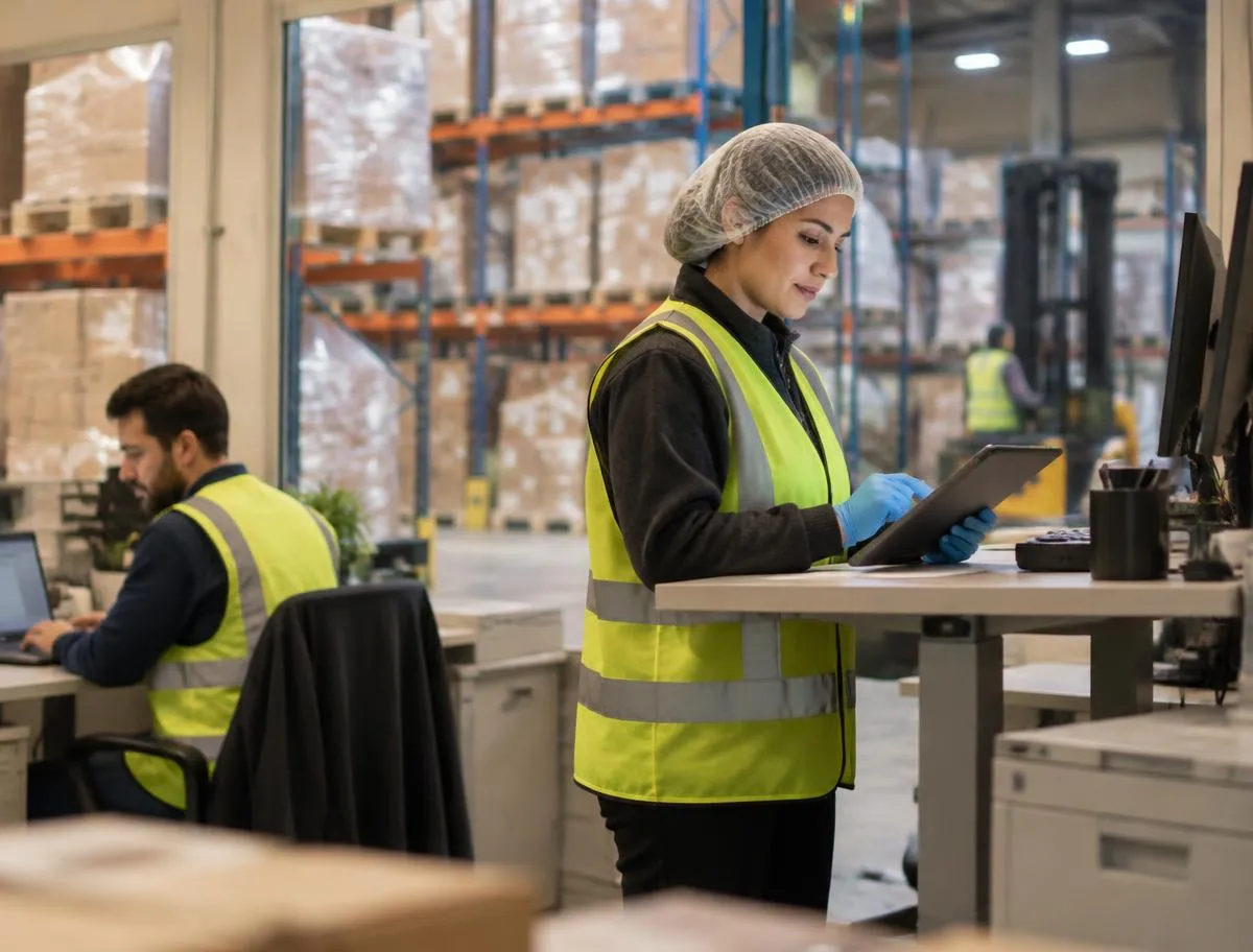 A warehouse supervisor in a hi-vis vest, hair cover and gloves reading storage and handling charges on a tablet at a standing desk, with wrapped pallets on racking behind and a colleague at a laptop