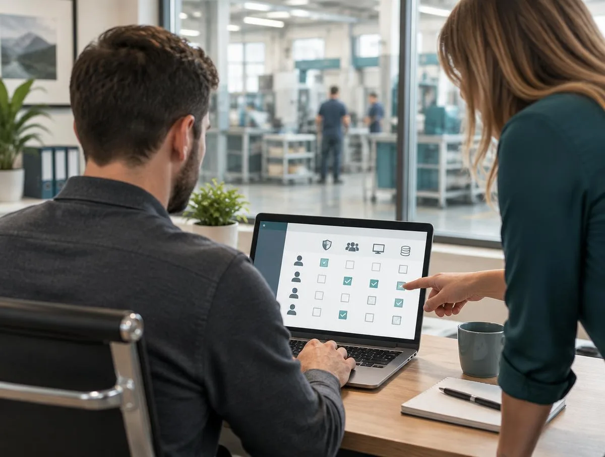 Administrator at a laptop showing a grid of roles and allowed actions while a colleague points at one setting, production area visible through the glass behind