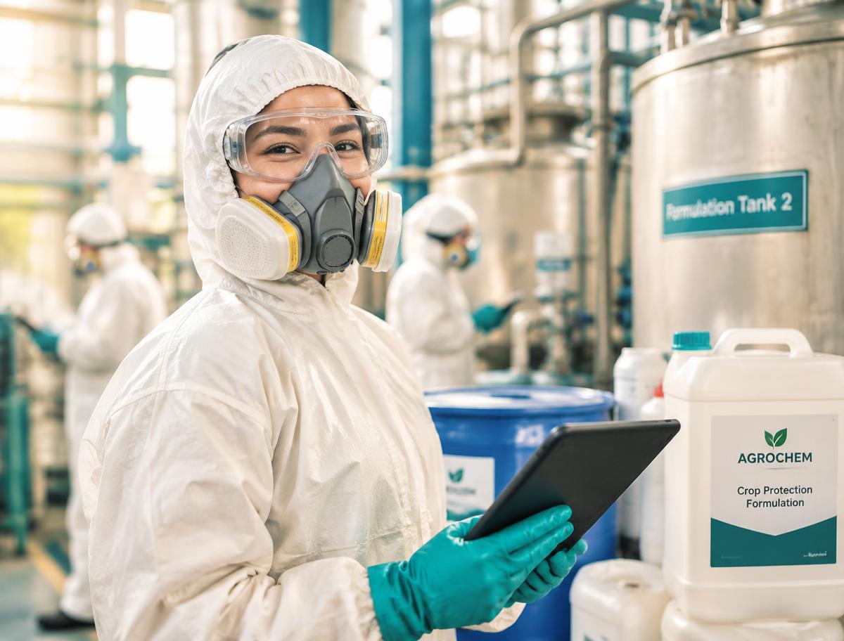Smiling agricultural chemicals team member in full protective clothing using a tablet on the production floor