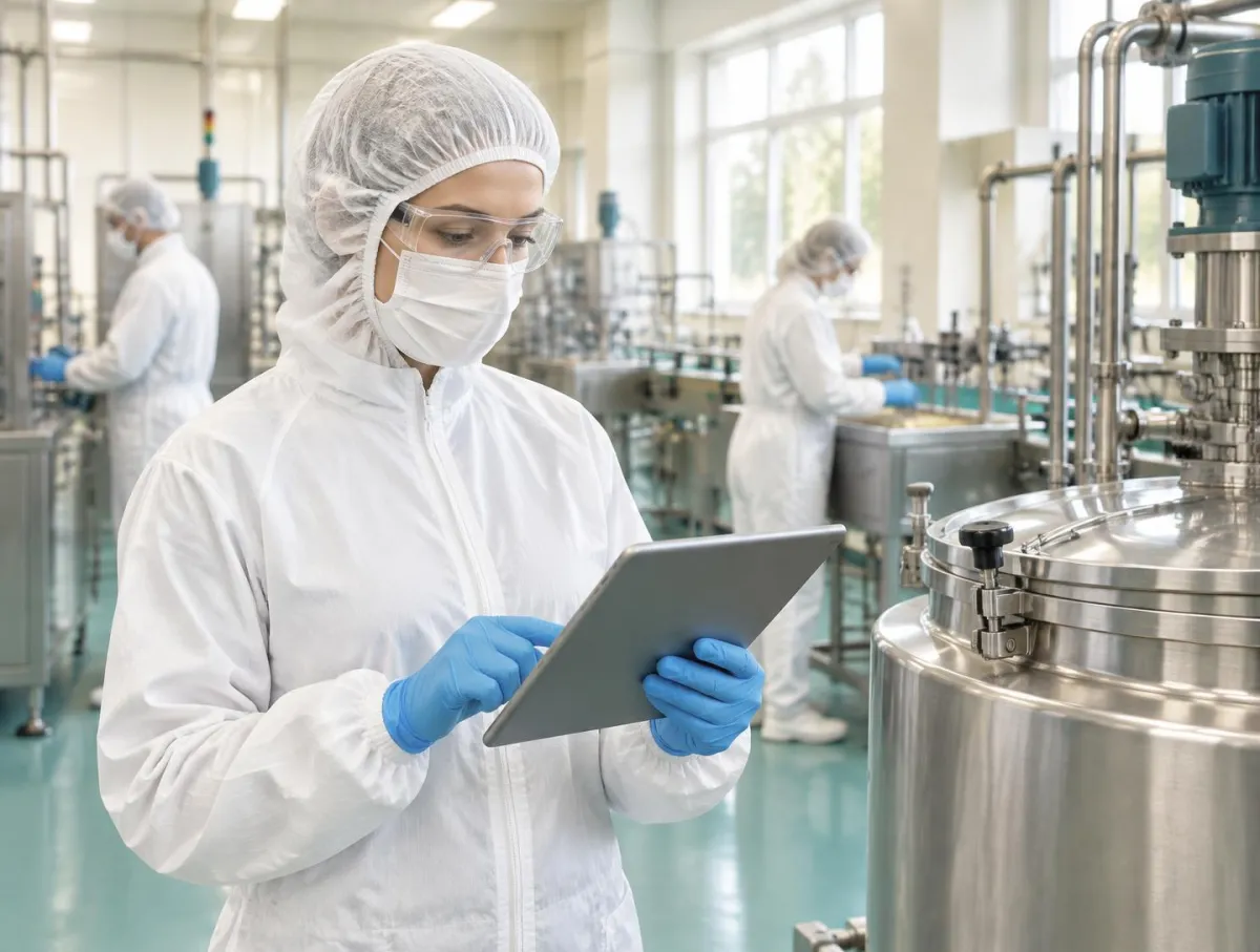 Quality lead in hairnet hood, mask, safety glasses, white coverall and blue gloves reviewing a tablet beside a stainless vessel, colleagues in the same protective clothing working behind