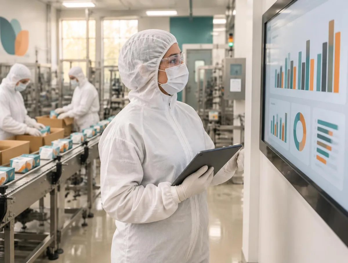 Production manager in hairnet hood, mask, safety glasses, white coverall and gloves holding a tablet beside a wall screen of charts, packing line with colleagues in the same protective clothing behind