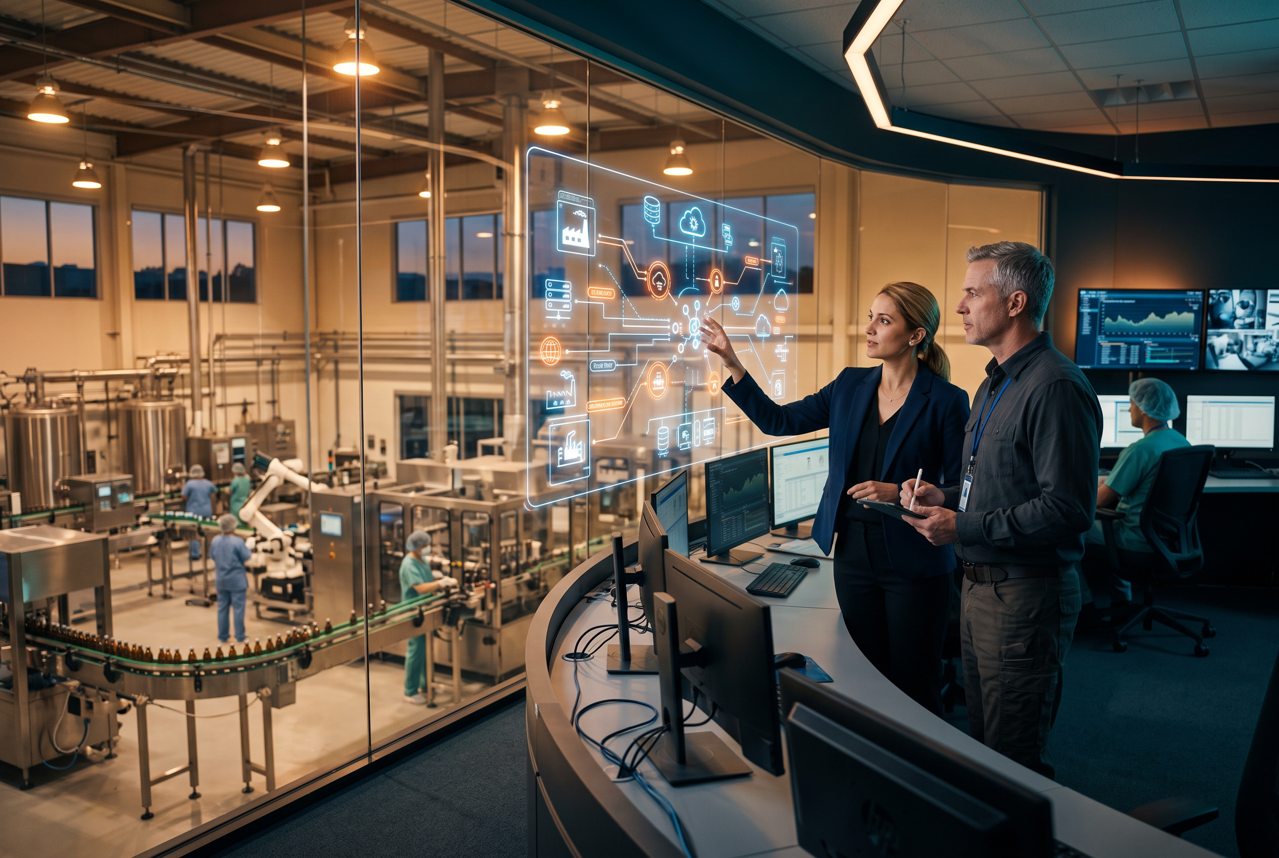Systems architect and plant manager reviewing a manufacturing architecture diagram overlooking a pharmaceutical production line