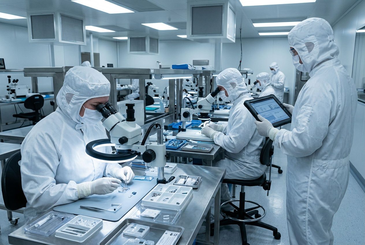 Medical device assembly operator in a full cleanroom bunny suit assembling a precision electromechanical device under a magnifier lamp, tablet showing work instructions