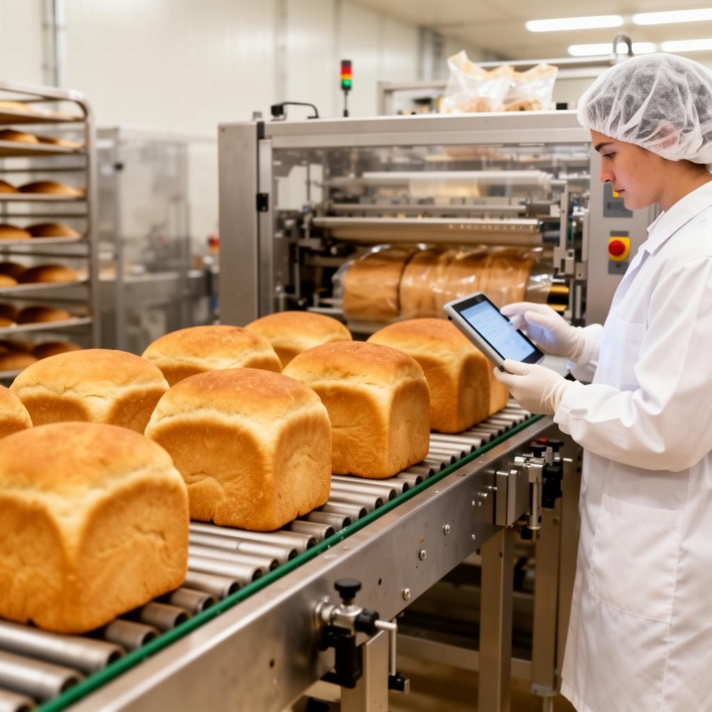 Fresh-baked loaves moving along a bakery production line into automated packaging, operator checking a tablet