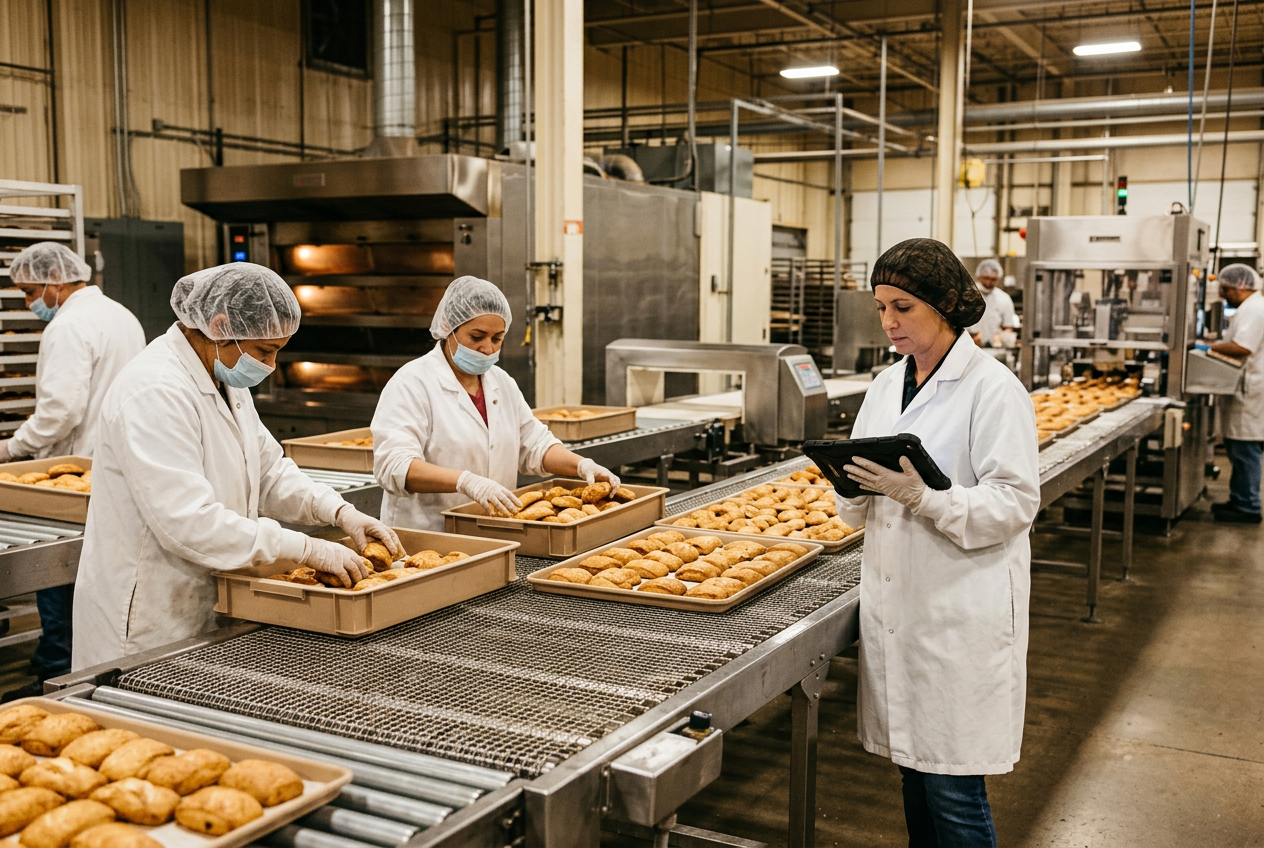 Fresh-baked loaves moving along a bakery production line into automated packaging, operator checking a tablet