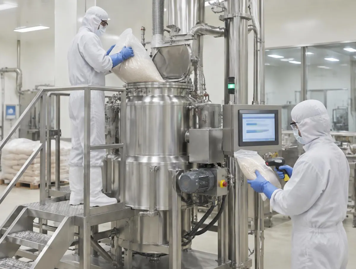 Operator in hood, mask, glasses, coverall and gloves scanning a sealed bag beside a touchscreen while a colleague tips another bag into a stainless mixer
