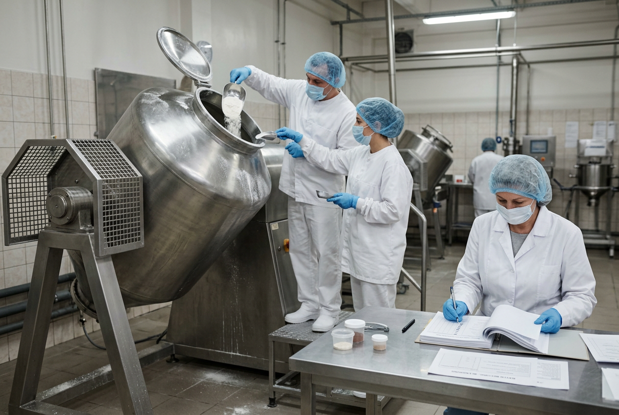 Supplement compounding operator in white gown, hairnet, beard cover and gloves loading pale protein powder into a stainless steel V-blender in a clean GMP production room with touchscreen HMI