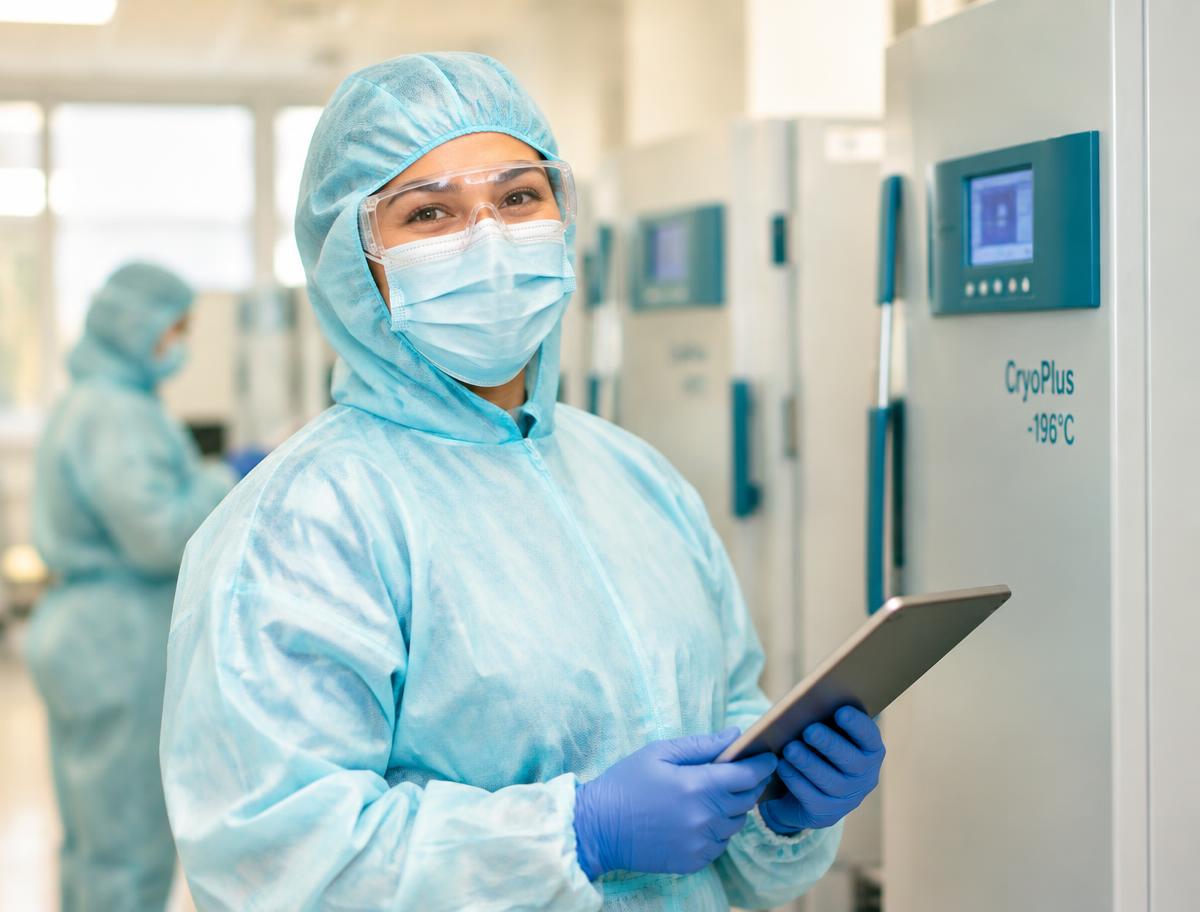 Smiling blood & tissue team member in full protective clothing using a tablet on the production floor