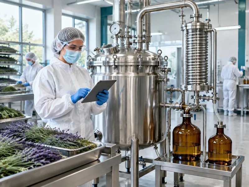 Botanical technician in hair cover, beard cover where needed, mask, safety glasses, protective clothing and gloves using a tablet beside a lavender distillation vessel