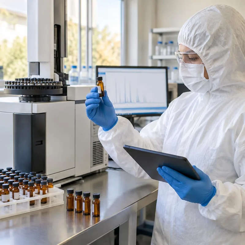 Laboratory analyst in protective clothing, hair cover, beard cover where needed, mask, safety glasses and gloves using a tablet beside an essential oil vial and chromatography equipment
