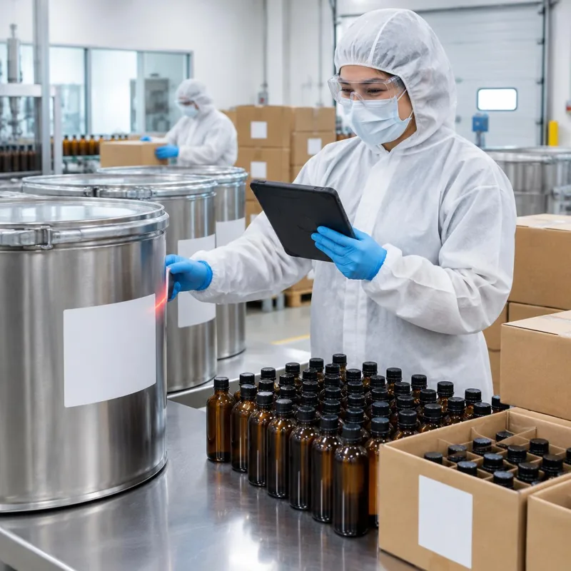 Worker in protective clothing, hair cover, beard cover where needed, mask, safety glasses and gloves using a tablet to scan a botanical oil drum beside packed amber bottles