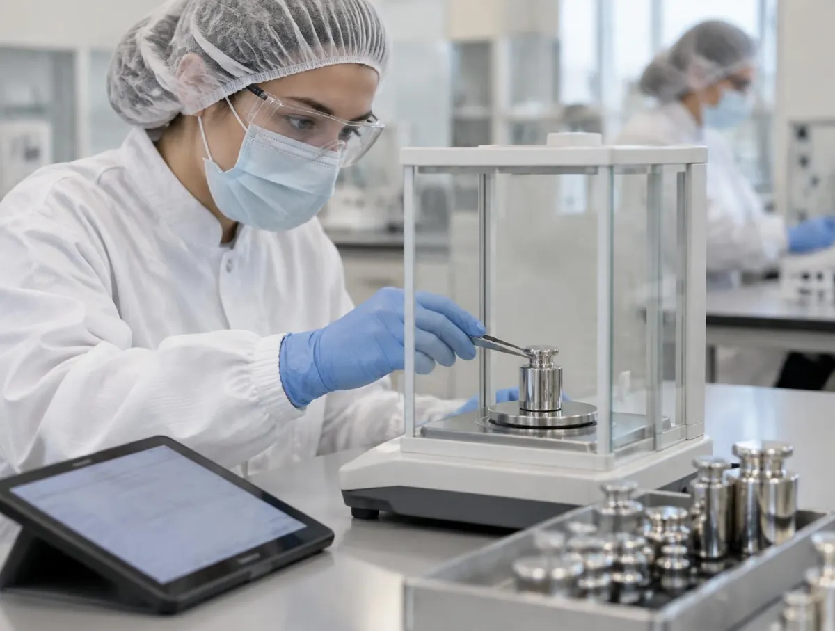 Calibration technician in hair cover, mask, safety glasses and blue gloves placing a test weight on an analytical balance with tweezers, a tablet on the bench and a colleague in protective clothing behind