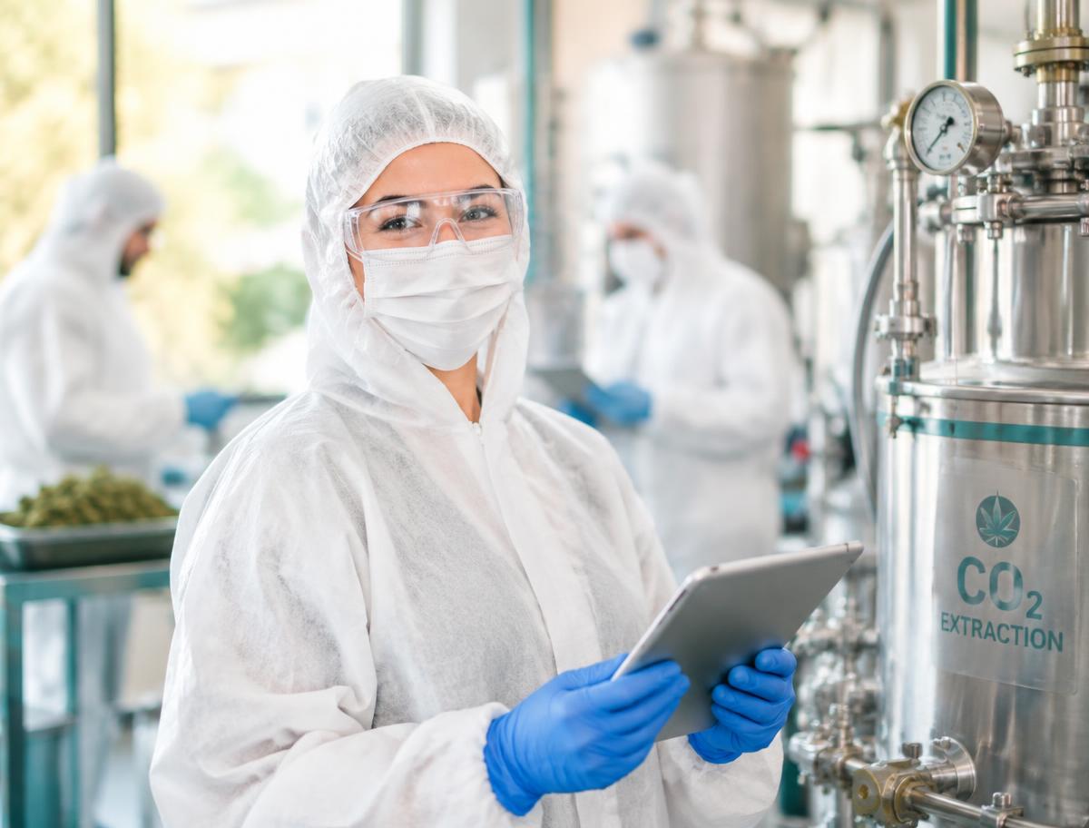 Smiling cannabis & hemp team member in full protective clothing using a tablet on the production floor