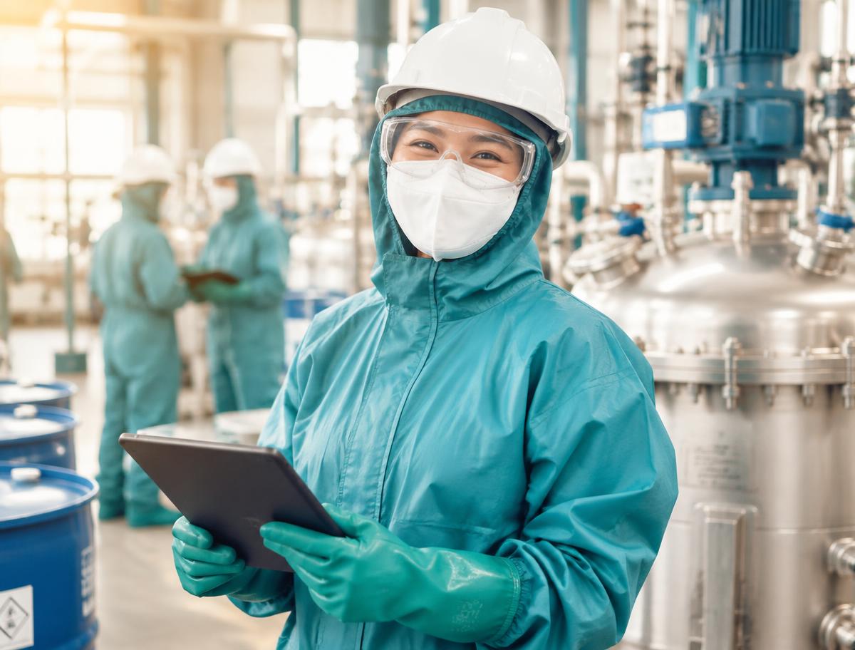 Smiling chemicals team member in full protective clothing using a tablet on the production floor
