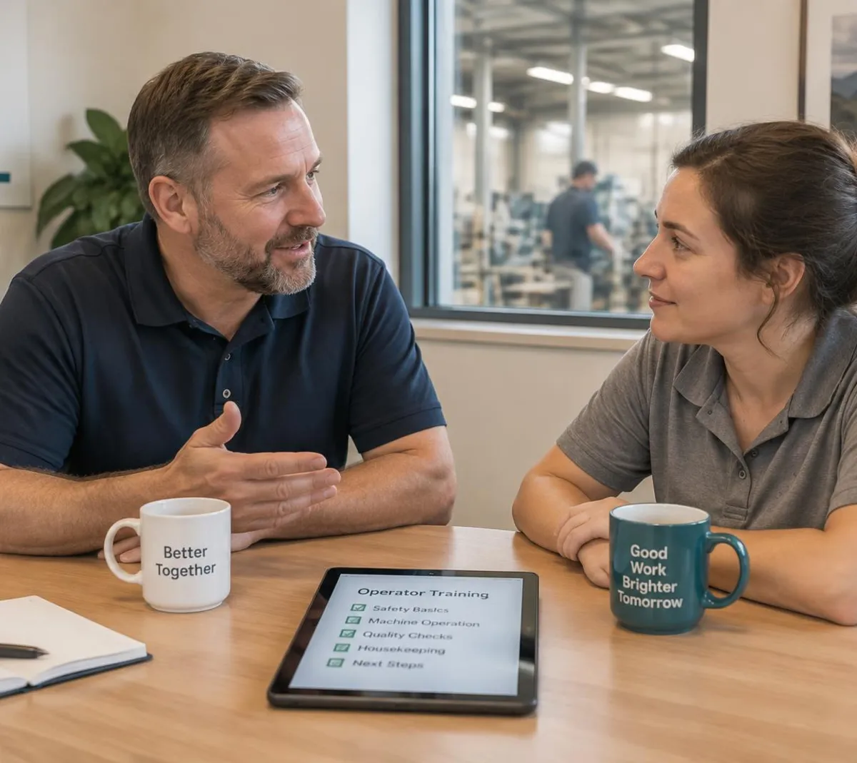 Supervisor and operator in work polo shirts talking at a small table in a bright meeting room, a tablet with a training checklist between them, the production floor visible through the window