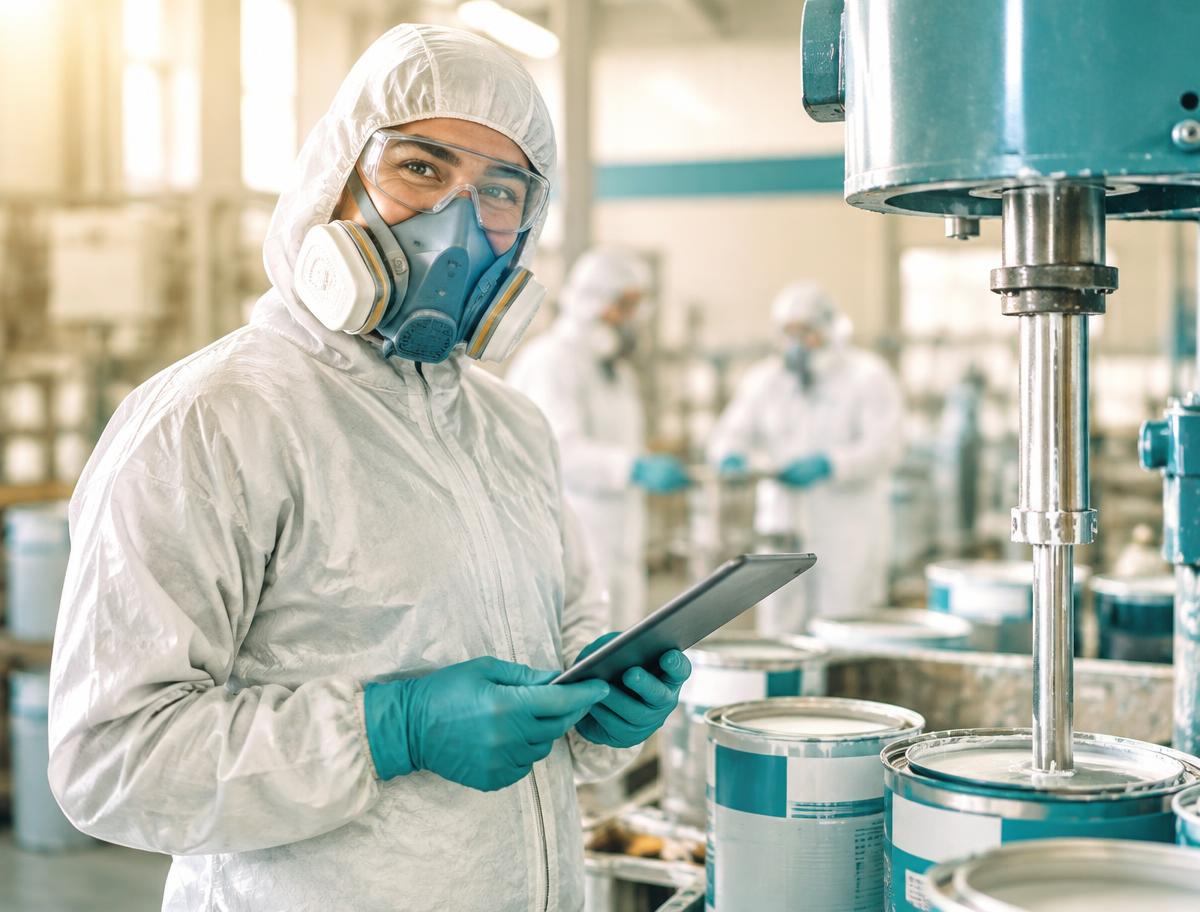 Smiling coatings, adhesives & sealants team member in full protective clothing using a tablet on the production floor