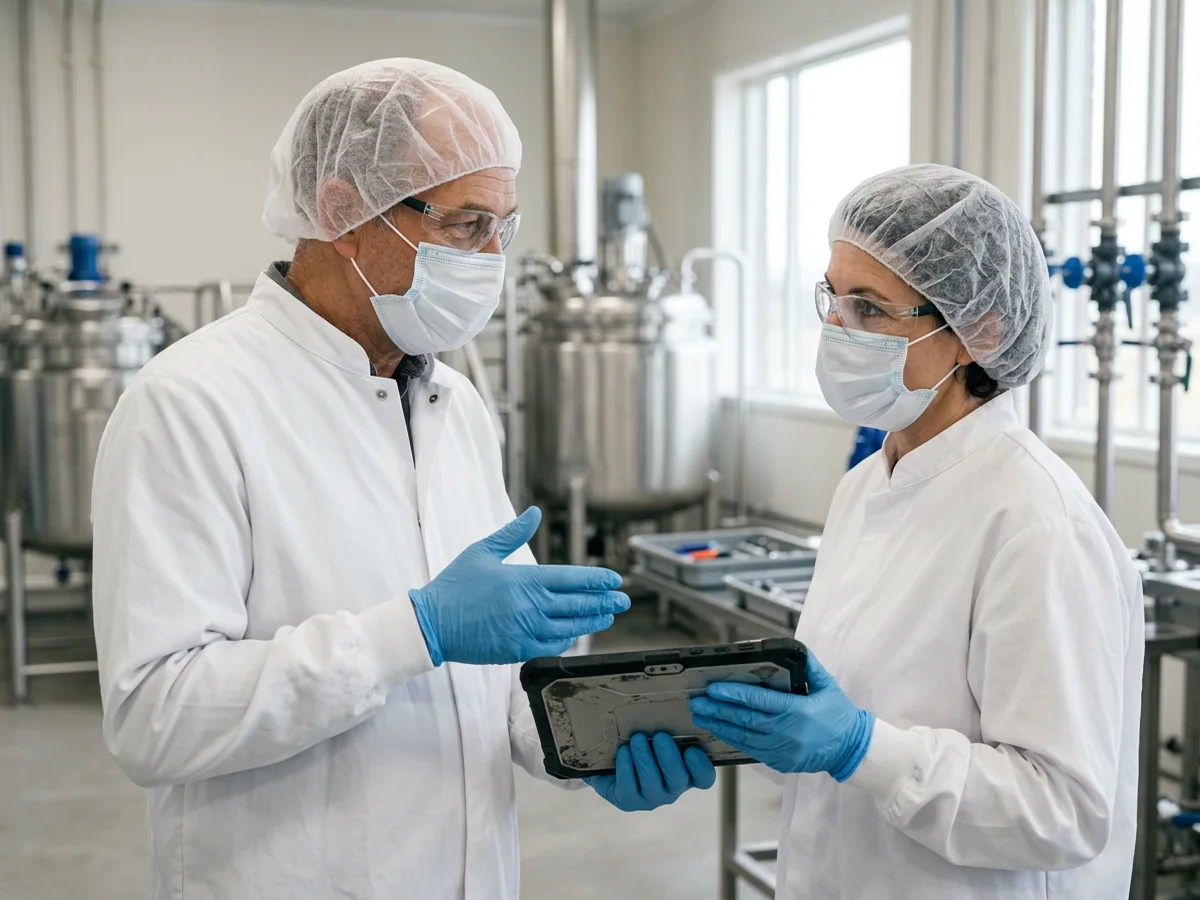 Regulated manufacturing professionals in protective clothing reviewing a tablet beside production equipment