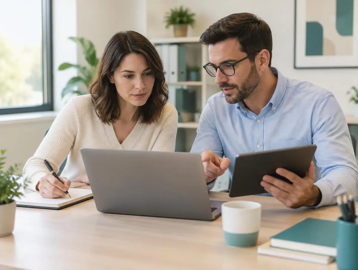 Two quality colleagues reviewing a complaint record on a laptop and tablet in an office