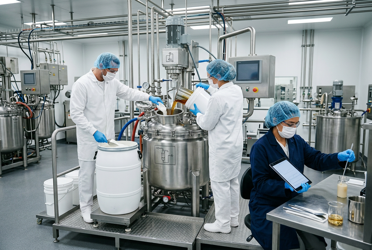 Cosmetics compounder in white smock, hairnet and gloves operating a stainless steel jacketed emulsion vessel with a touchscreen HMI while pale cream mixes inside
