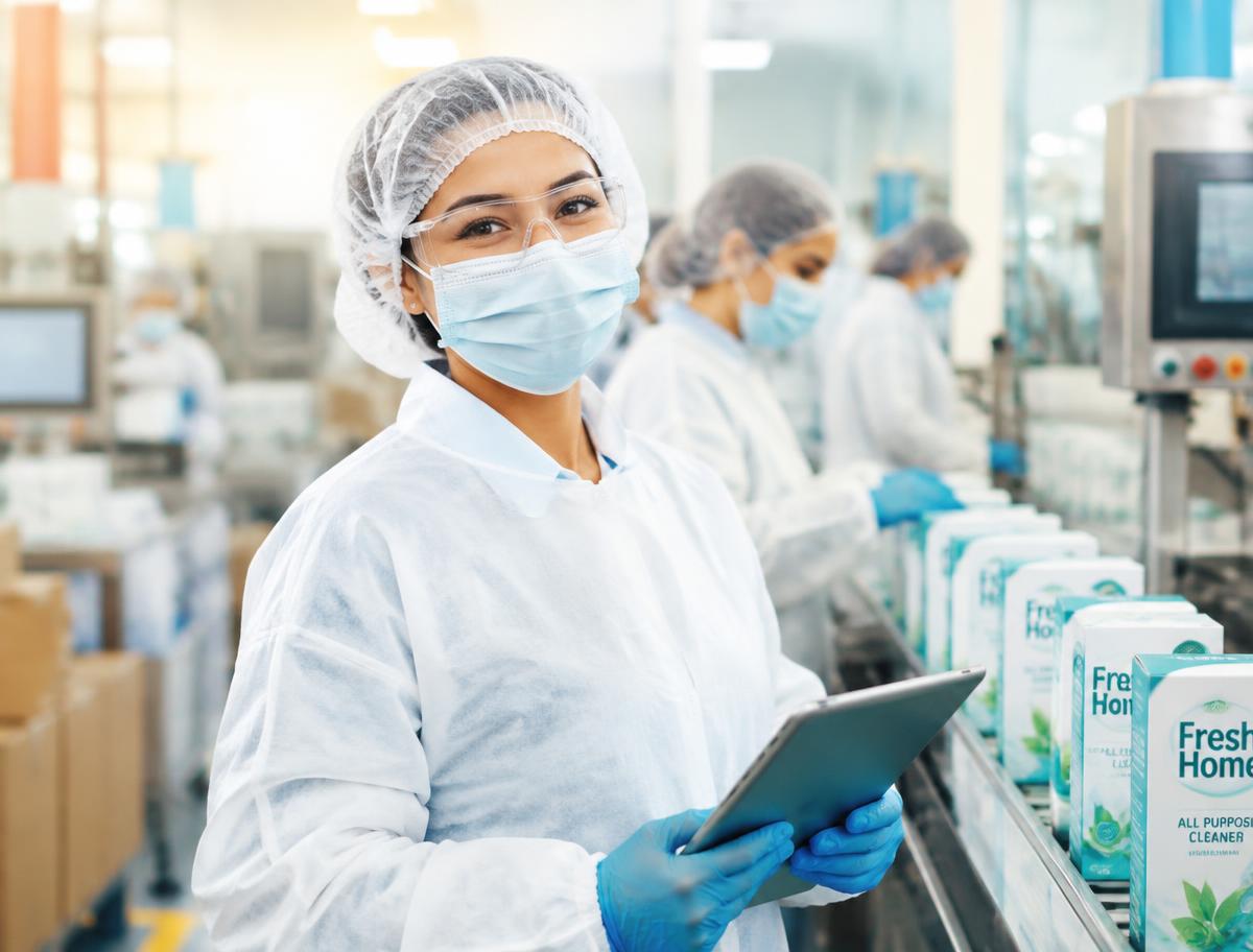 Smiling consumer products team member in full protective clothing using a tablet on the production floor