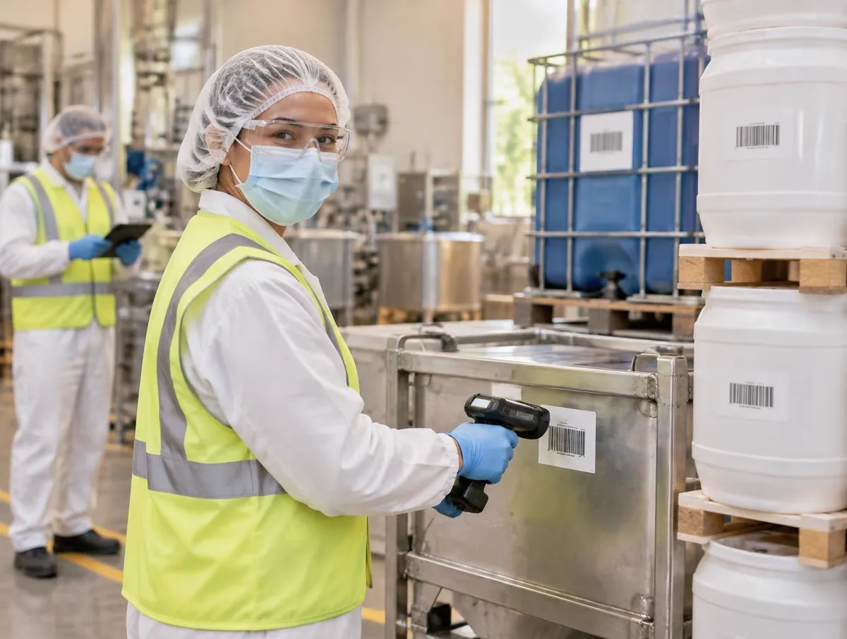 Operator in hair cover, mask, safety glasses, white coat, hi-vis vest and gloves scanning the barcode on a stainless steel tote beside labelled drums and an IBC, while a colleague in the same protective clothing checks a tablet