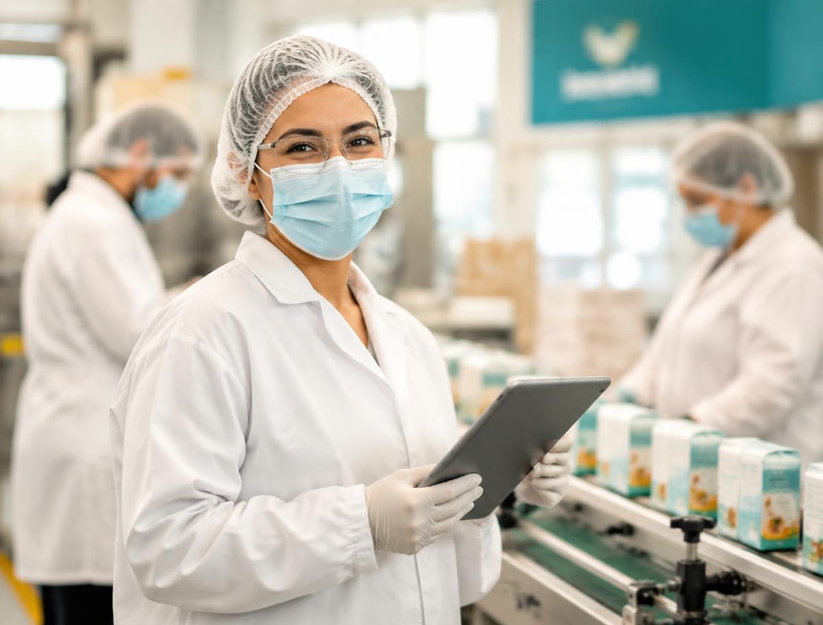 Smiling contract manufacturing & co-packing team member in full protective clothing using a tablet on the production floor