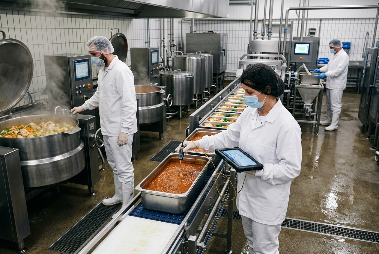 Food processing operator in white smock, hairnet, beard cover and blue gloves operating a stainless steel cook kettle with a touchscreen HMI showing temperature and time in a hygienic production room