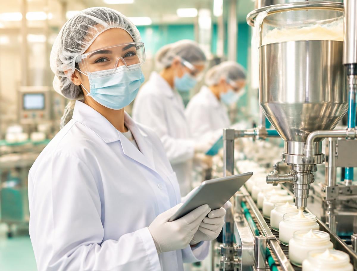 Smiling cosmetics team member in full protective clothing using a tablet on the production floor