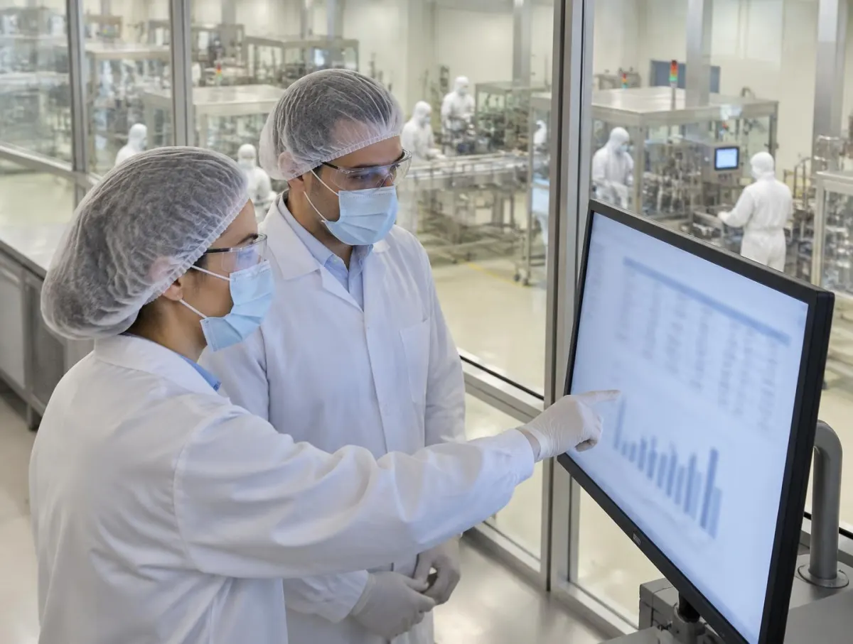Cost accountant and operations manager in hair covers, masks, glasses, white coats and gloves reviewing a chart on a monitor in a glass office overlooking the production floor