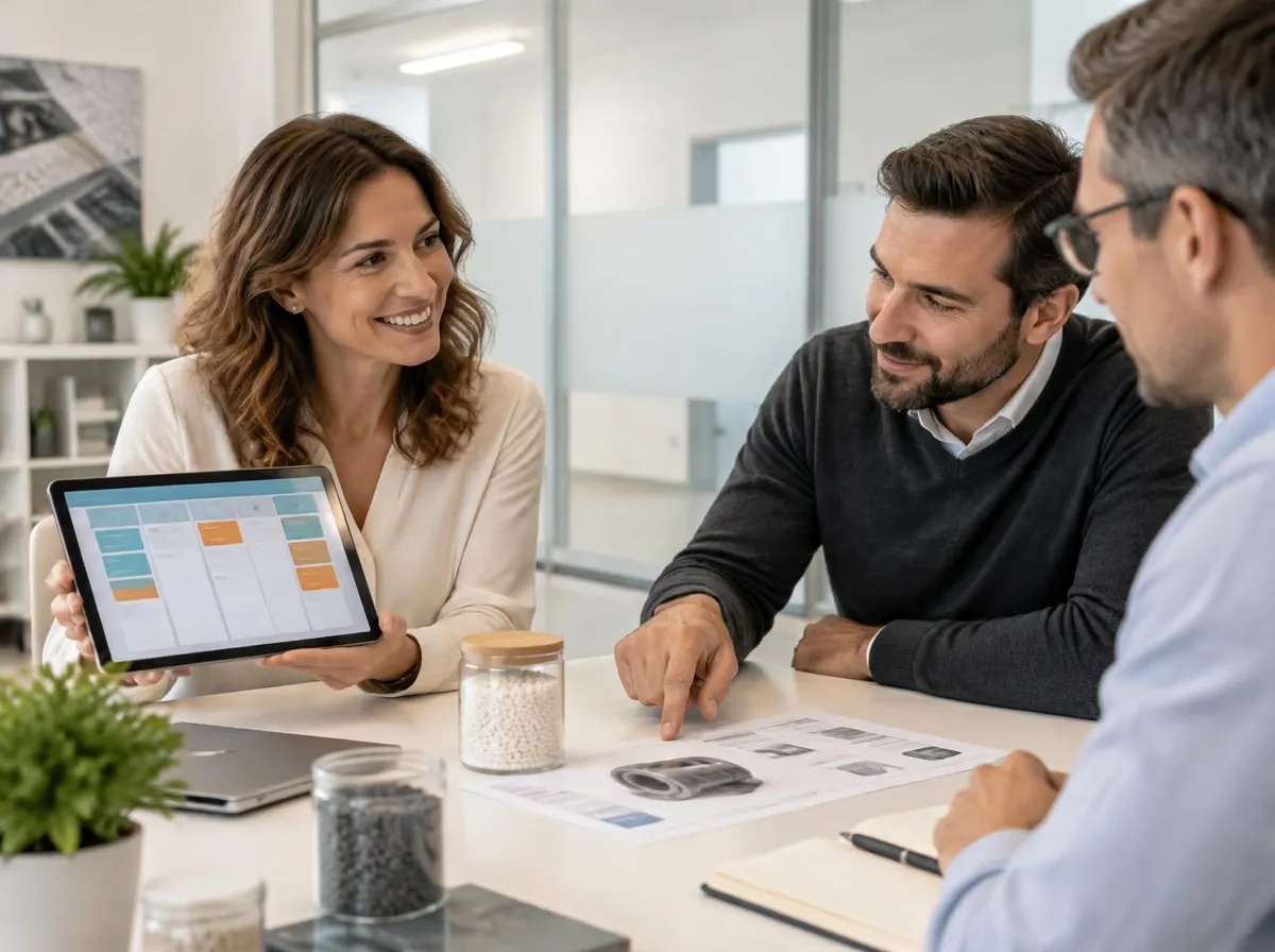 Sales and technical colleagues at a meeting table reviewing a pipeline board on a tablet, with product sample jars and a printed specification