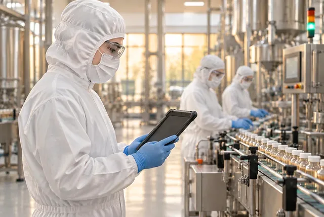 Operators in full protective clothing on a production line, one checking a tablet