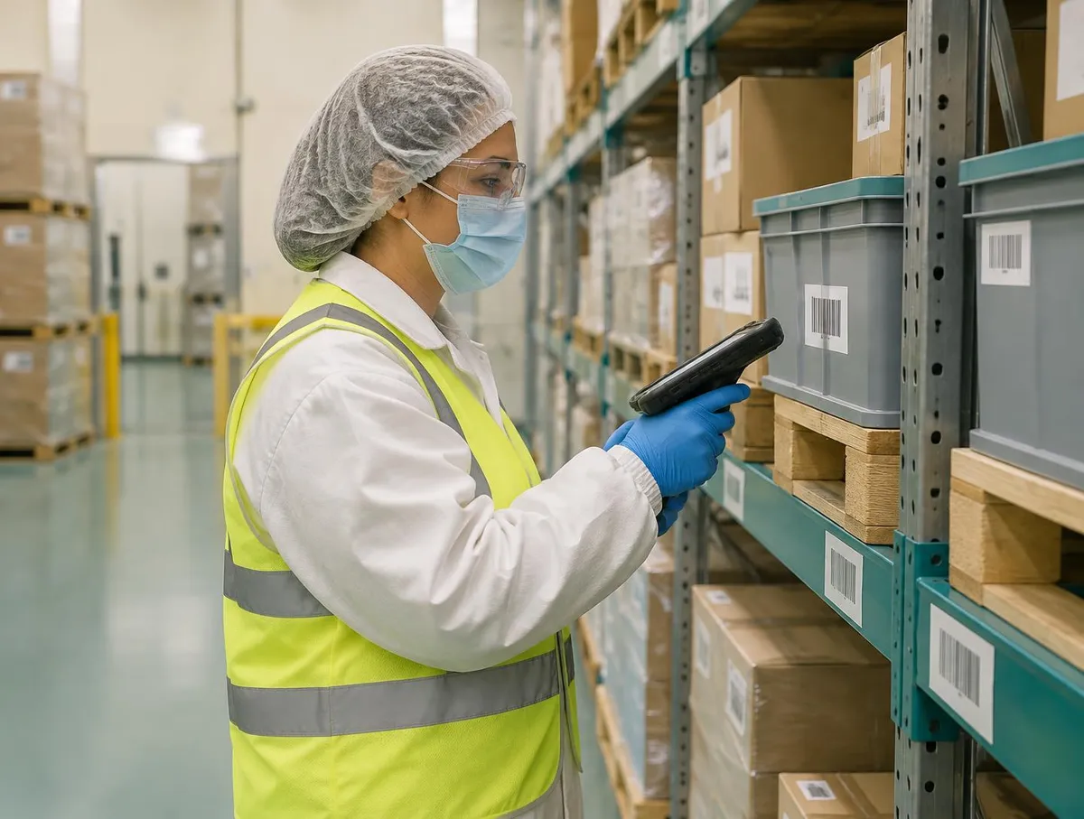 Warehouse operator in hair cover, mask, safety glasses, white coat, hi-vis vest and gloves scanning a bin label with a handheld tablet