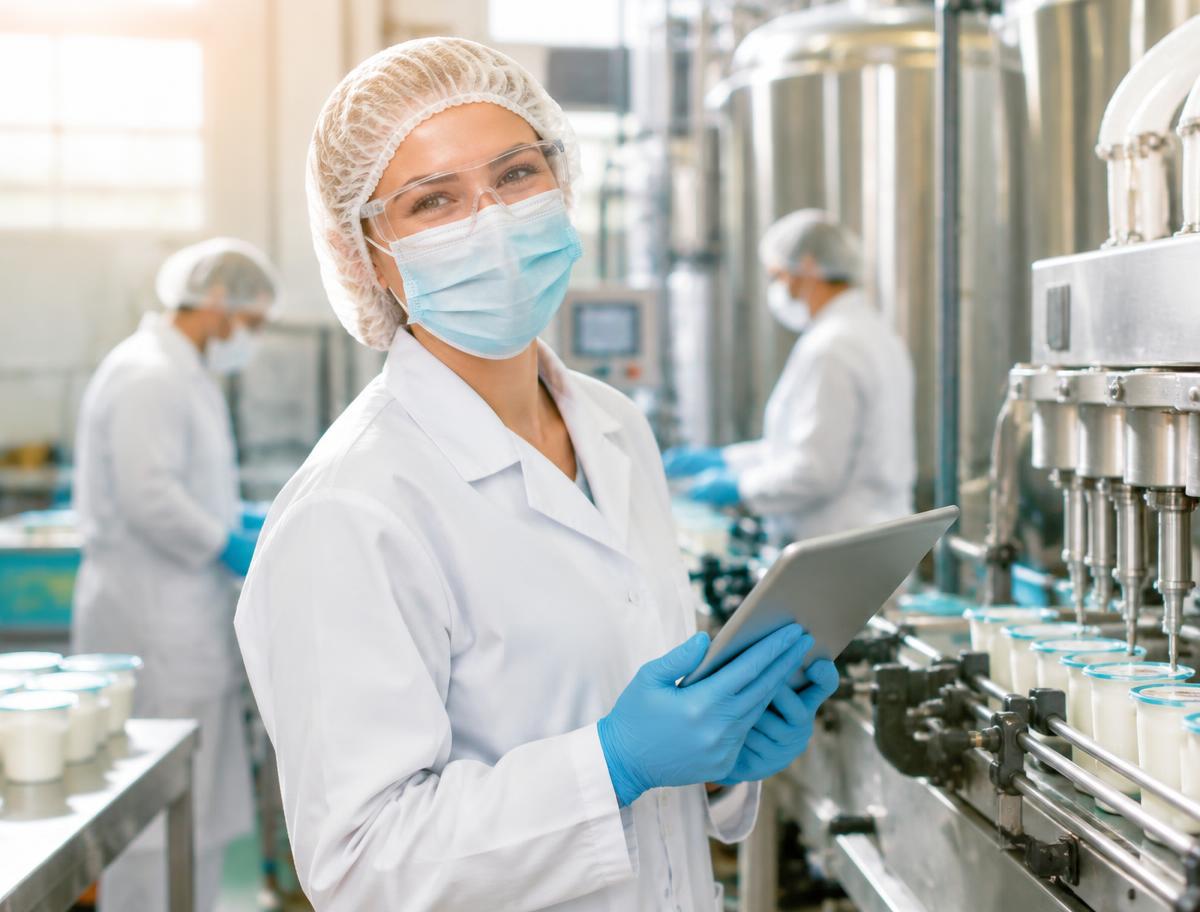 Smiling dairy & chilled foods team member in full protective clothing using a tablet on the production floor