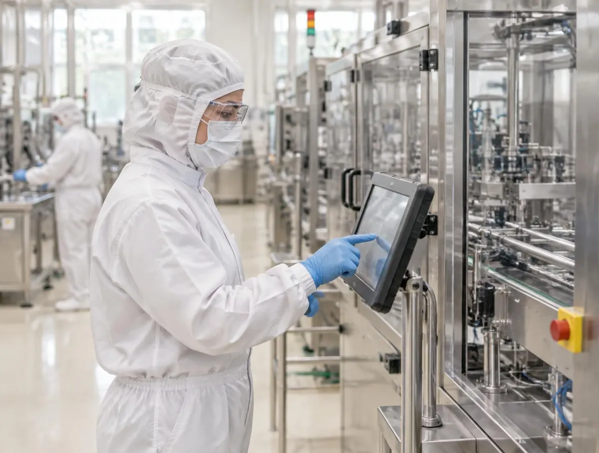 Operator in hood, mask, safety glasses and blue gloves tapping a mounted touchscreen beside an enclosed production machine, with a colleague in the same protective clothing behind