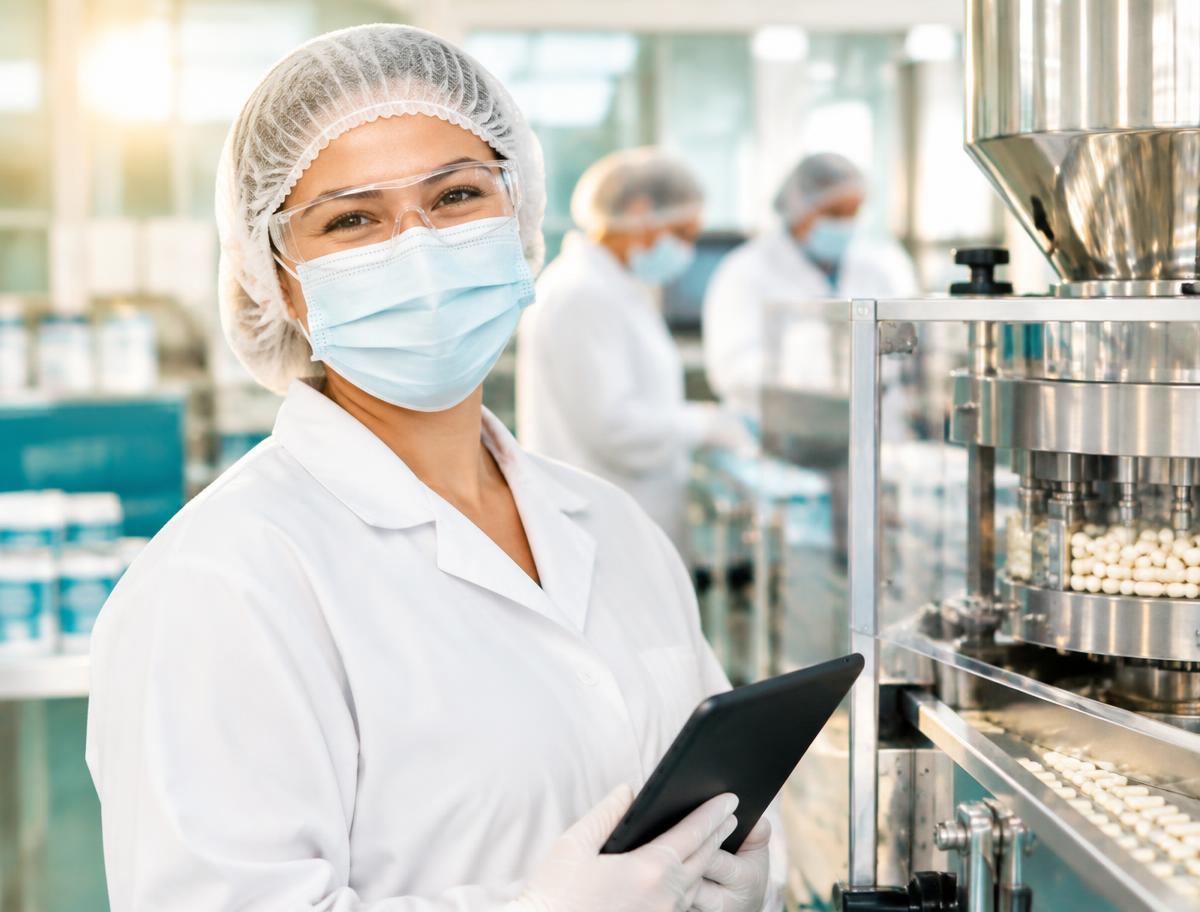 Smiling dietary supplements team member in full protective clothing using a tablet on the production floor