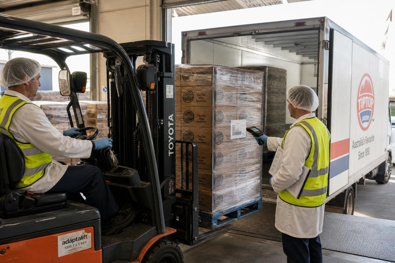Forklift loading a shrink-wrapped pallet of bakery cases onto a delivery truck while a colleague scans the SSCC pallet label at the dock