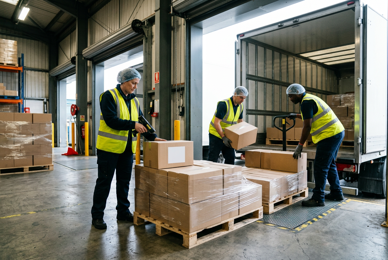 Forklift loading a shrink-wrapped pallet of bakery cases onto a delivery truck while a colleague scans the SSCC pallet label at the dock