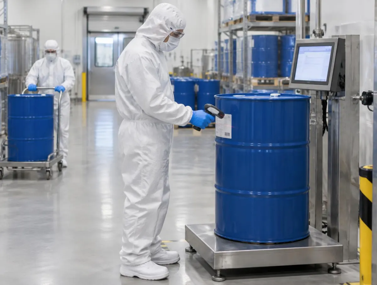 Operator in hood, mask, safety glasses, coverall and gloves scanning the label of a drum on a floor scale beside a touchscreen, with a colleague in protective clothing moving a drum behind