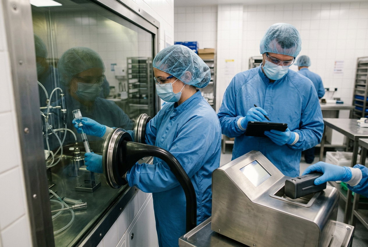 Operator in cleanroom PPE dispensing a patient unit-dose into a tungsten syringe shield next to a dose calibrator display