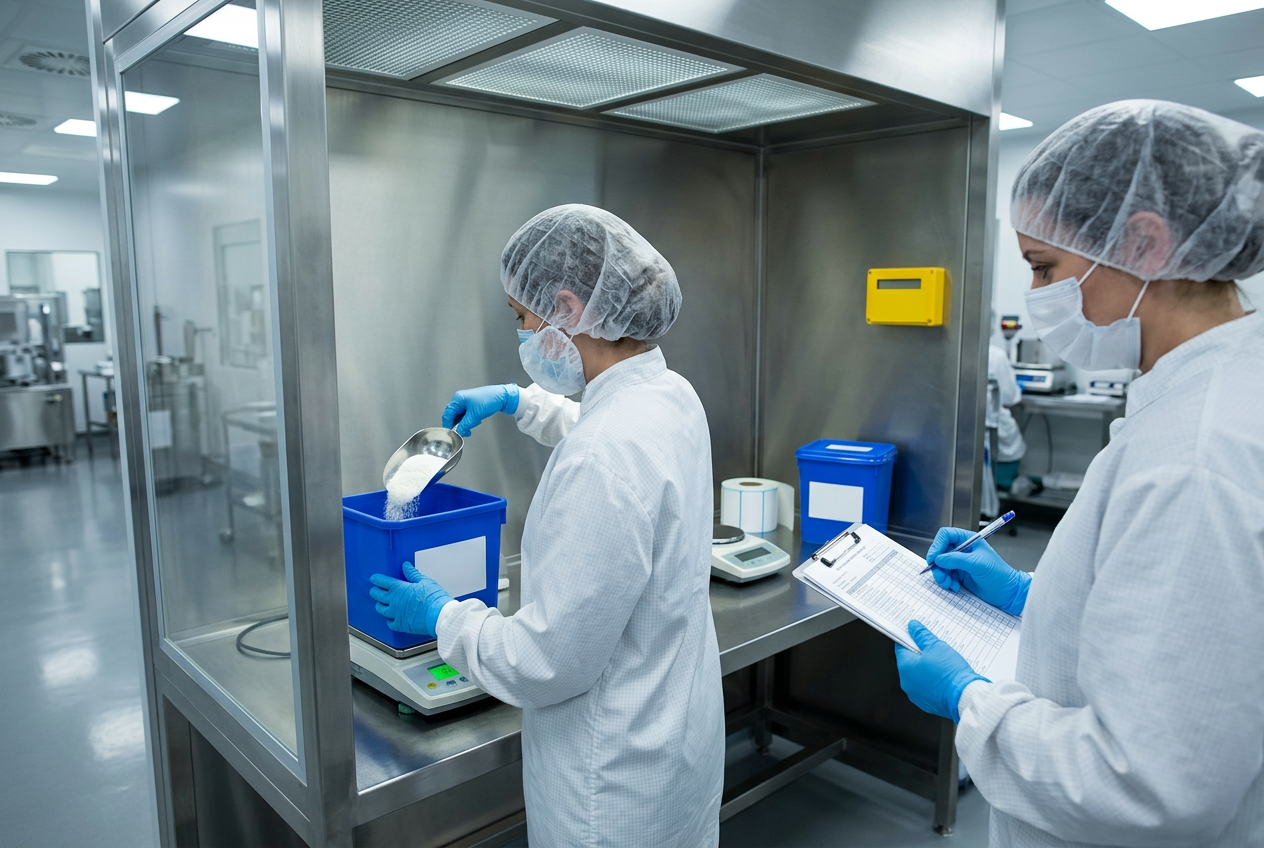 Gowned pharmaceutical operator in cleanroom coverall dispensing white API powder into a stainless steel scoop on a precision balance under a downflow HEPA canopy