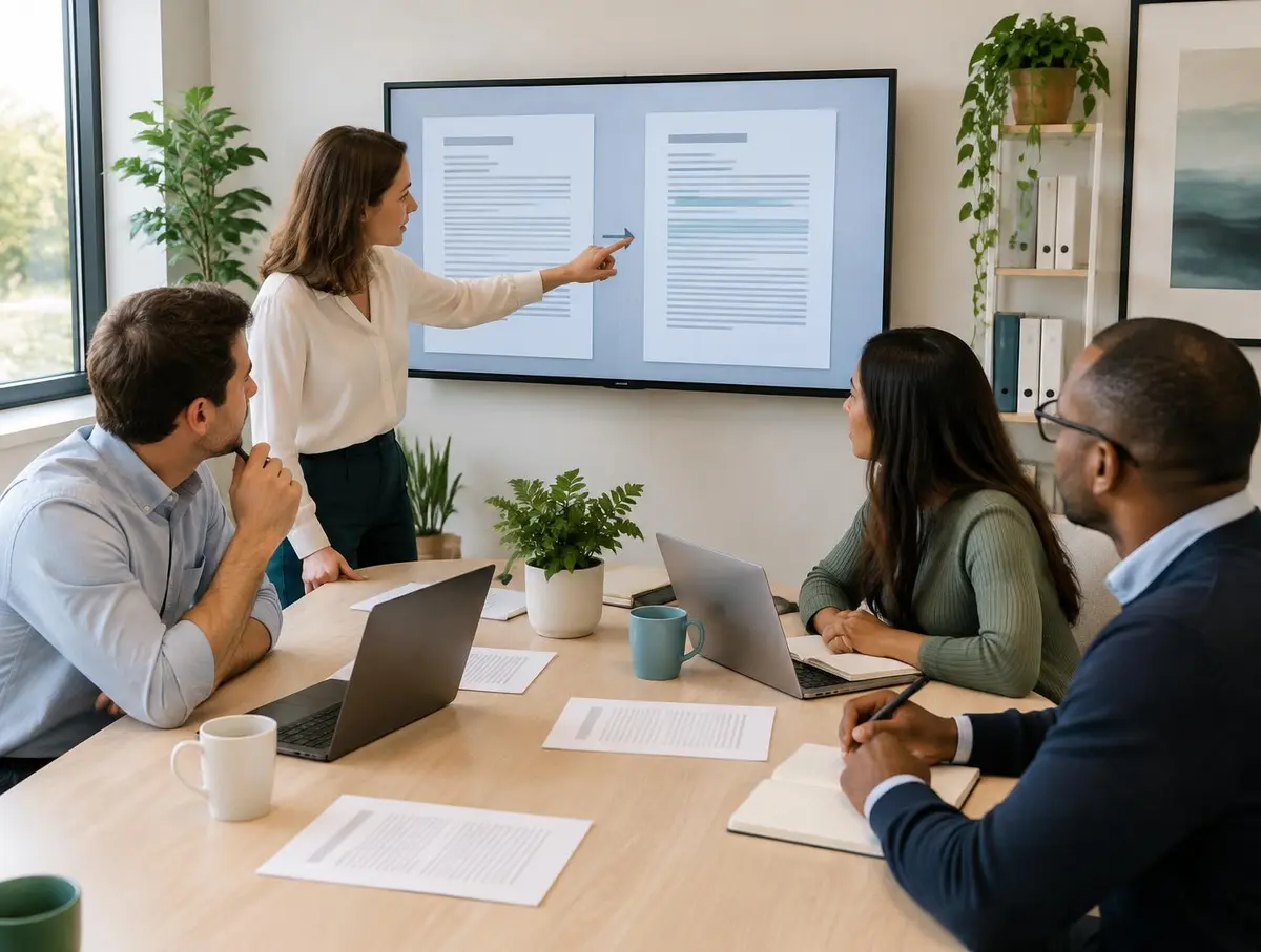 Office team comparing two revisions of a controlled document on a wall screen