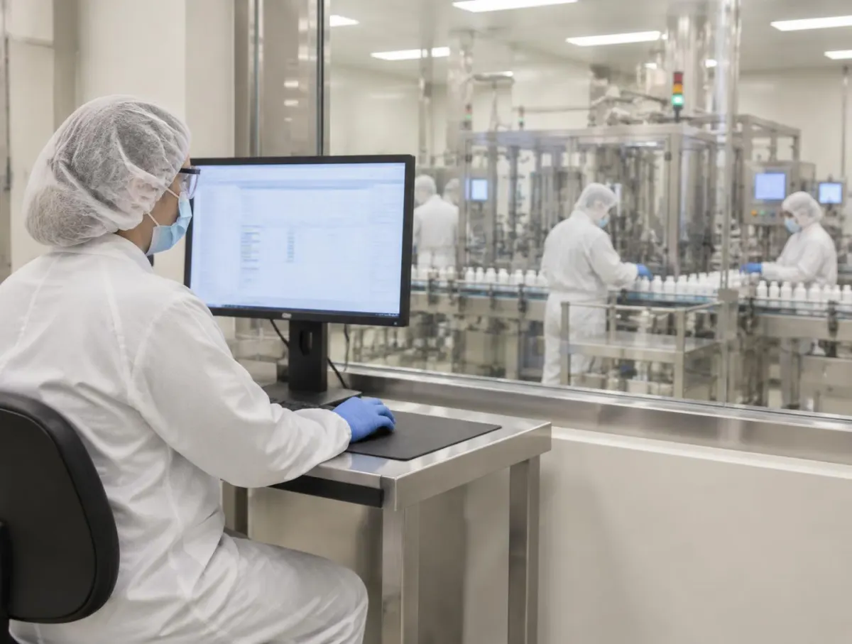 QA reviewer in hair cover, mask, glasses, white coat and gloves reading a record on a monitor beside a window onto an enclosed filling line, where operators in protective clothing work