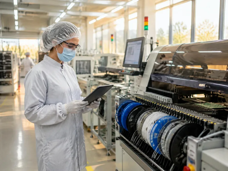Electronics technician in hair/beard covers, safety glasses, gloves and an ESD smock with wrist strap using a tablet beside an SMT line and component reels