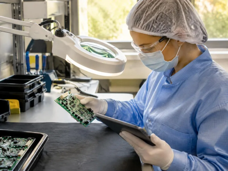 Quality inspector in hair/beard covers, safety glasses, gloves and an ESD smock with wrist strap reviewing a circuit board and tablet under a magnifying lamp