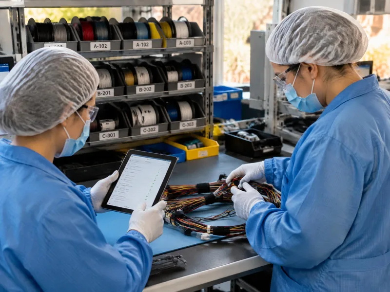 Two assembly workers in hair/beard covers, safety glasses, gloves and ESD smocks with wrist straps checking a harness on a tablet beside labelled component bins