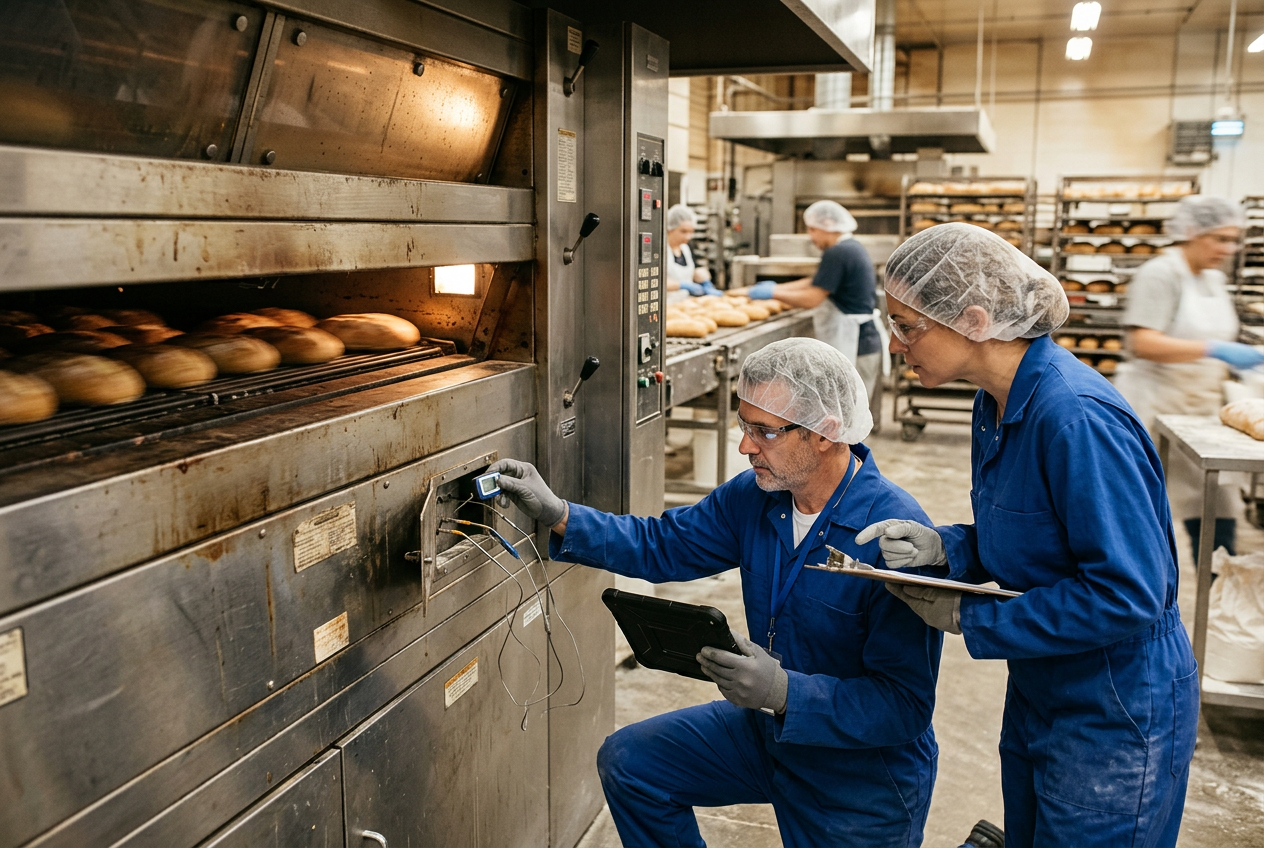 Maintenance engineer adjusting the control panel on an industrial tunnel oven