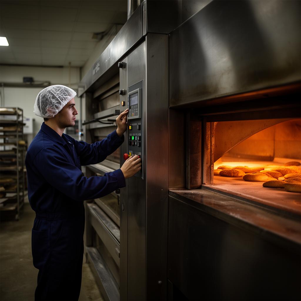 Maintenance engineer adjusting the control panel on an industrial tunnel oven