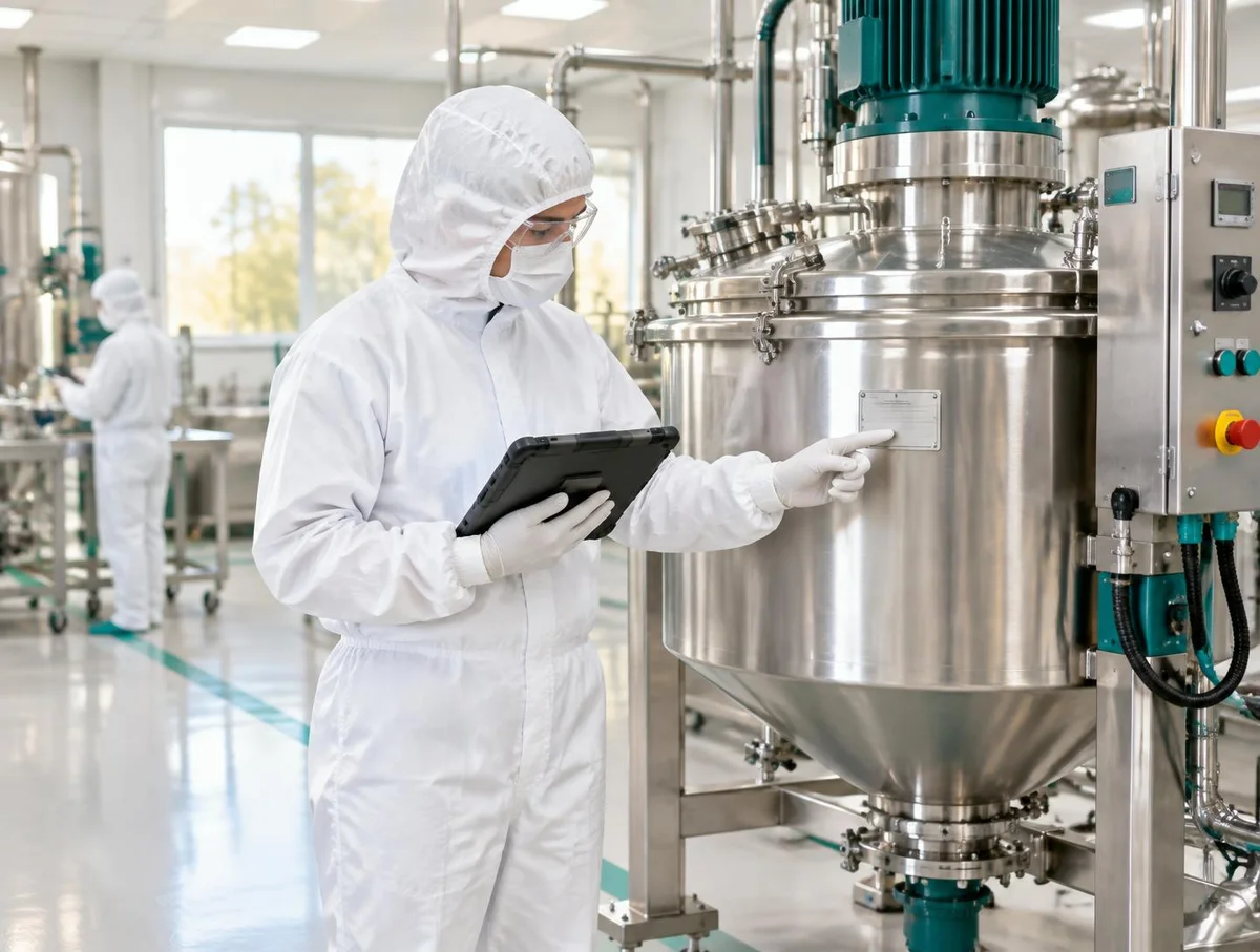Engineer in protective hood, mask, glasses, coveralls and gloves checking a mixer identification plate against a tablet