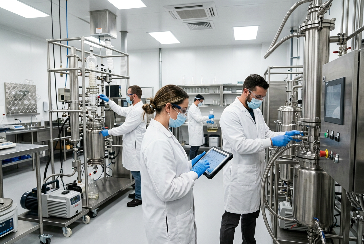 Cannabis extraction lab with stainless steel closed-loop hydrocarbon extractor, pressure gauges, jacketed columns and two gowned technicians in nitrile gloves watching amber distillate collect